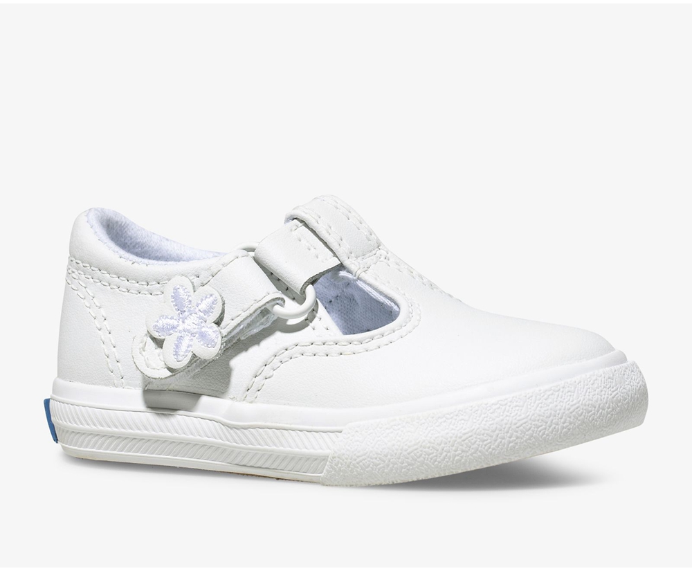 Slip Ons Keds Enfant Blanche - Daphne T-Strap Cuir - 483-VRQFSJ